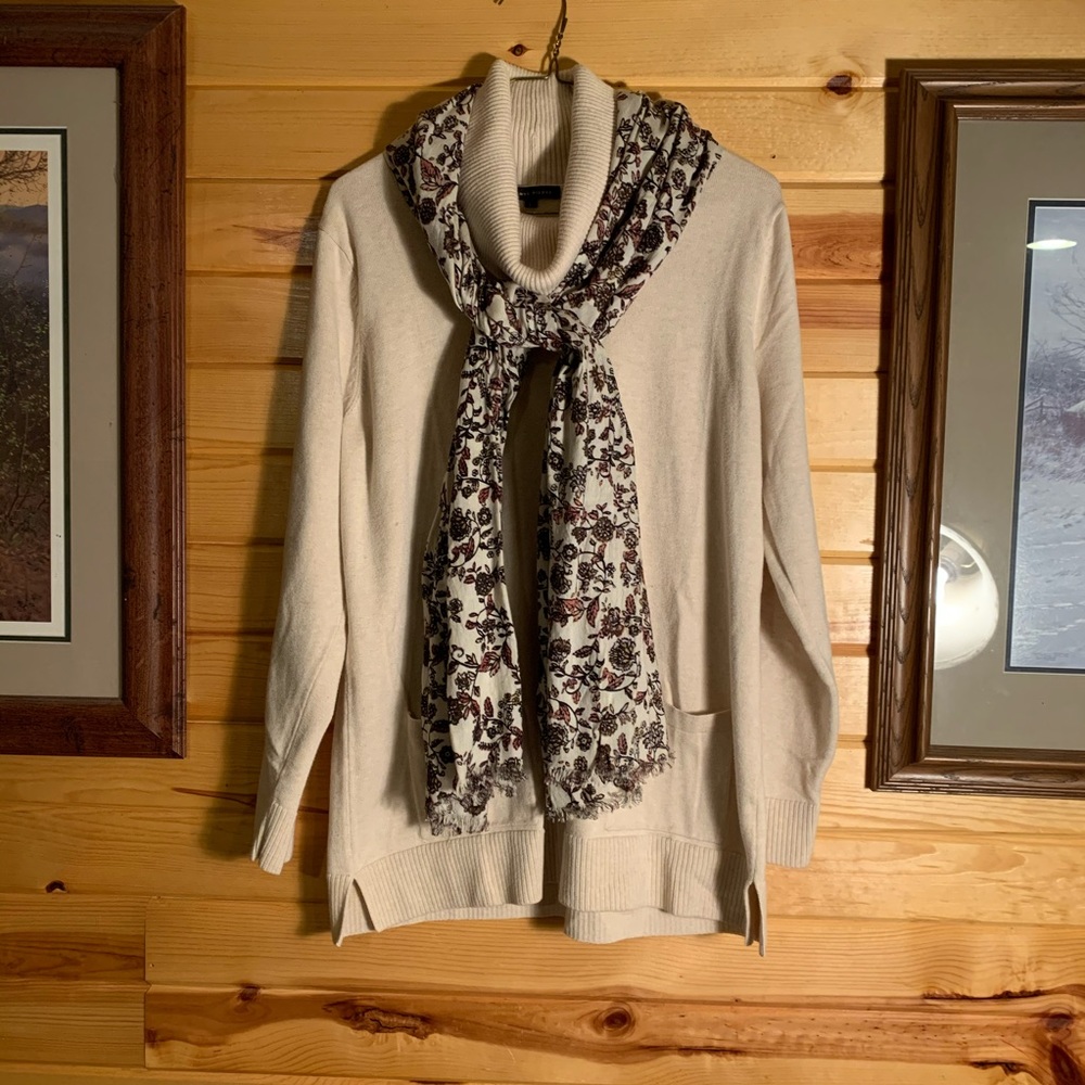 Oatmeal cowl neck sweater with floral scarf